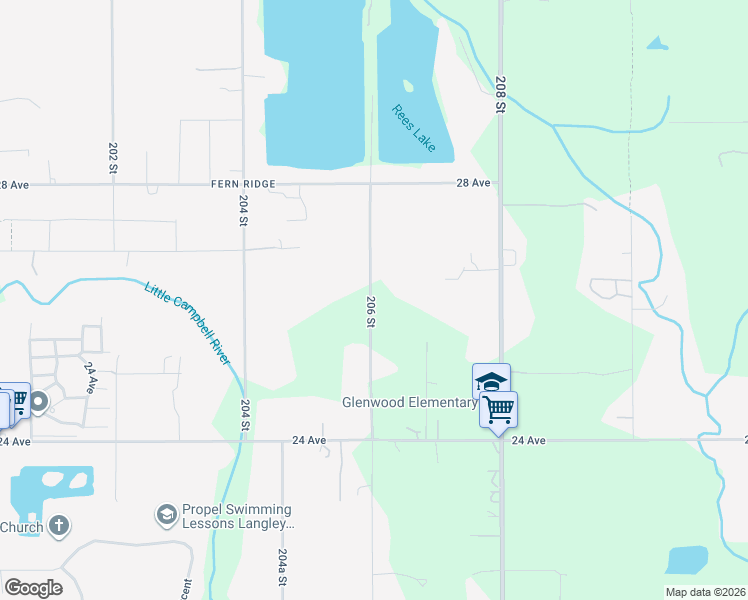 map of restaurants, bars, coffee shops, grocery stores, and more near 2618 206 Street in Langley Township