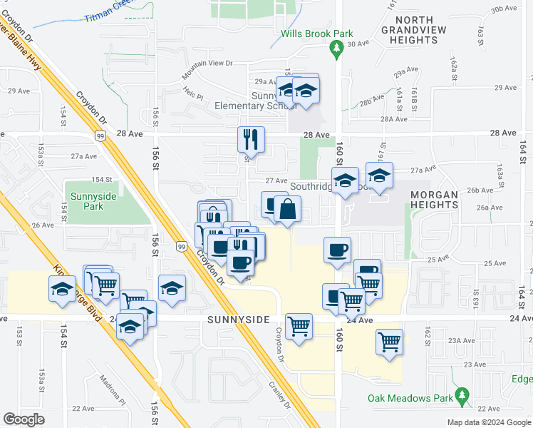 map of restaurants, bars, coffee shops, grocery stores, and more near 15833 26 Avenue in Surrey