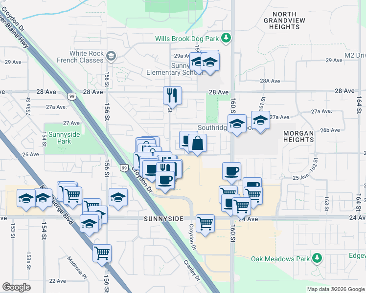 map of restaurants, bars, coffee shops, grocery stores, and more near 15833 26 Avenue in Surrey