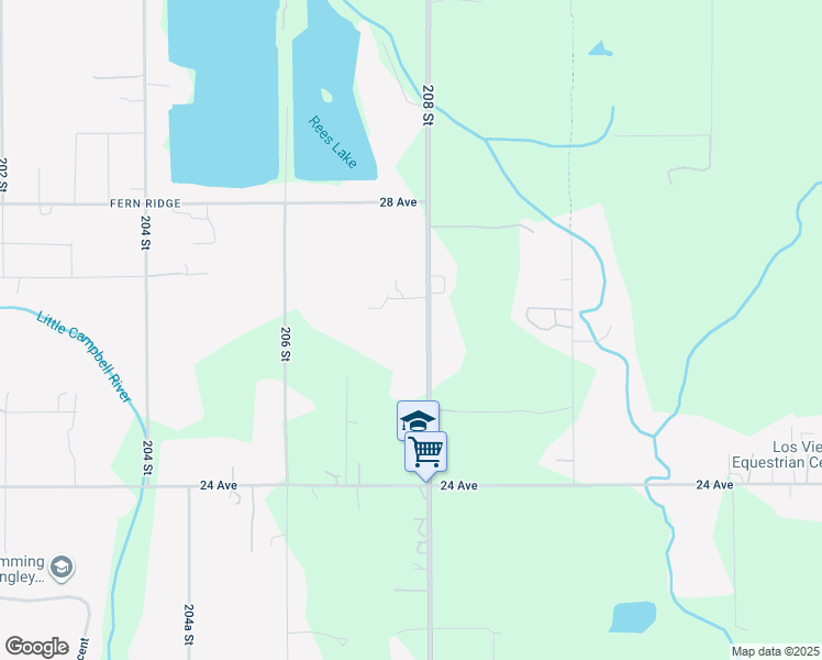 map of restaurants, bars, coffee shops, grocery stores, and more near 2617 208 Street in Langley Township