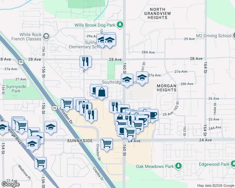map of restaurants, bars, coffee shops, grocery stores, and more near 15977 26 Avenue in Surrey