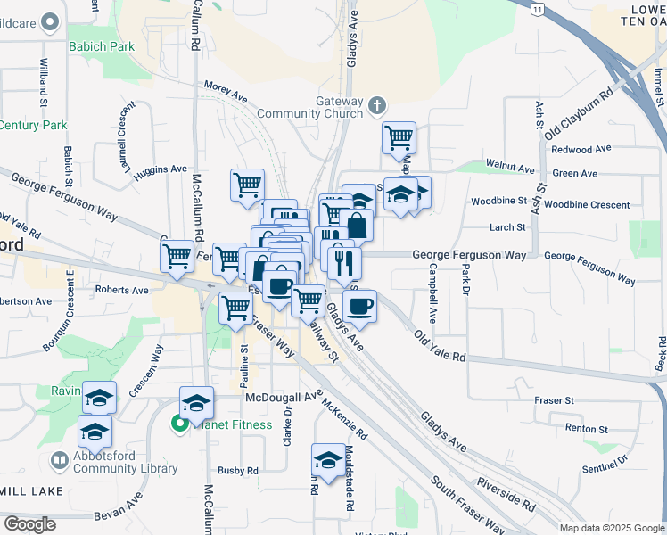 map of restaurants, bars, coffee shops, grocery stores, and more near in Abbotsford