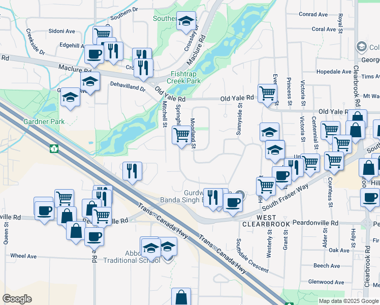 map of restaurants, bars, coffee shops, grocery stores, and more near 2613 Moorland Street in Abbotsford