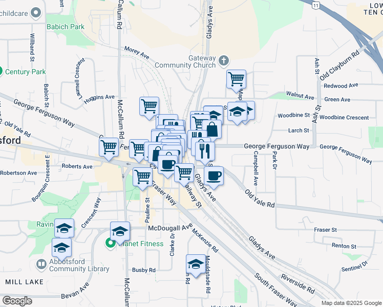 map of restaurants, bars, coffee shops, grocery stores, and more near in Abbotsford