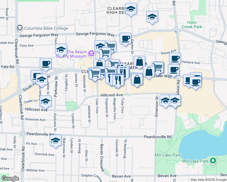 map of restaurants, bars, coffee shops, grocery stores, and more near 32500 South Fraser Way in Abbotsford