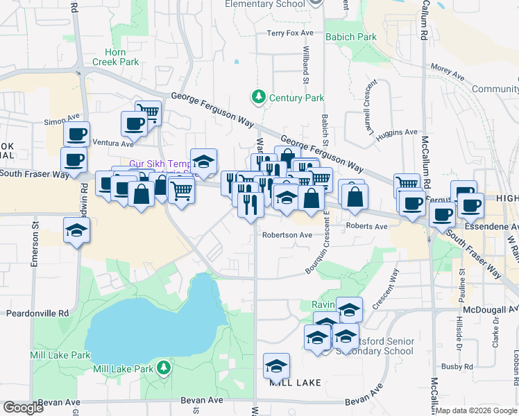 map of restaurants, bars, coffee shops, grocery stores, and more near 2660 Ware Street in Abbotsford