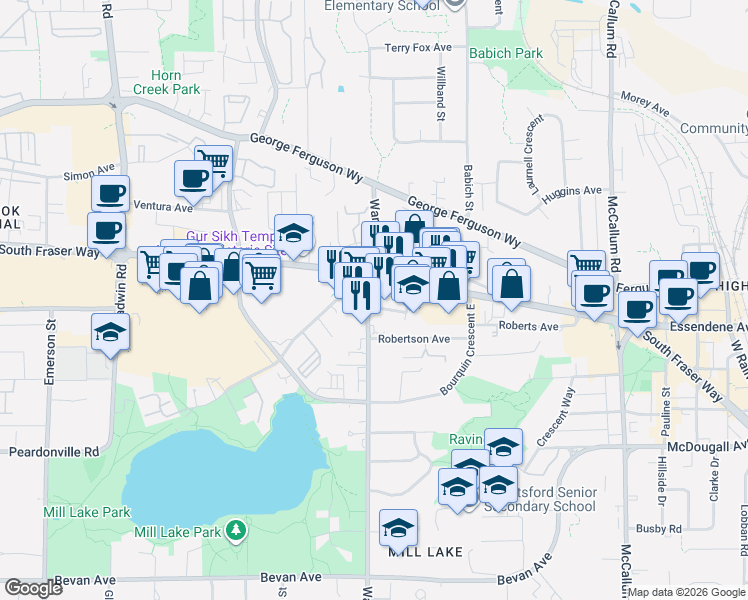map of restaurants, bars, coffee shops, grocery stores, and more near 2660 Ware Street in Abbotsford