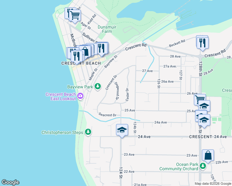 map of restaurants, bars, coffee shops, grocery stores, and more near 2601 Dogwood Drive in Surrey