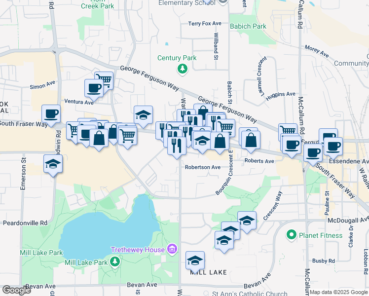 map of restaurants, bars, coffee shops, grocery stores, and more near in Abbotsford