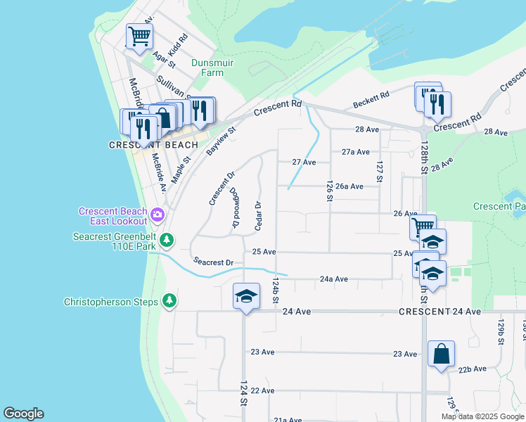 map of restaurants, bars, coffee shops, grocery stores, and more near 2608 Cedar Drive in Surrey