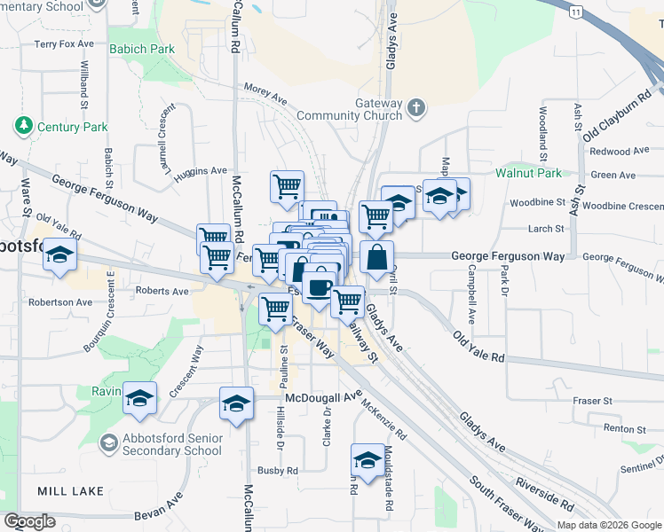 map of restaurants, bars, coffee shops, grocery stores, and more near 33790 George Ferguson Way in Abbotsford