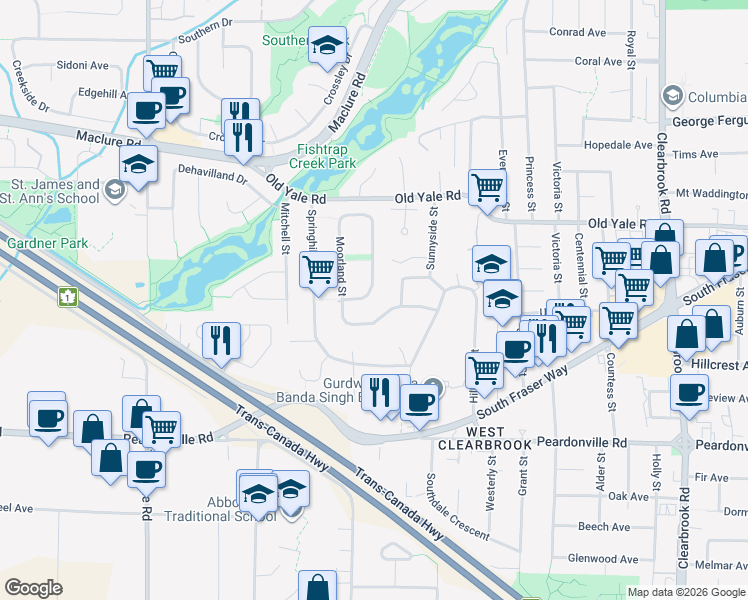 map of restaurants, bars, coffee shops, grocery stores, and more near 2624 Valemont Crescent in Abbotsford