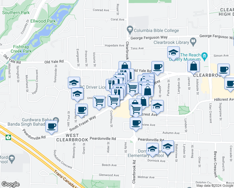 map of restaurants, bars, coffee shops, grocery stores, and more near 31935 South Fraser Way in Abbotsford