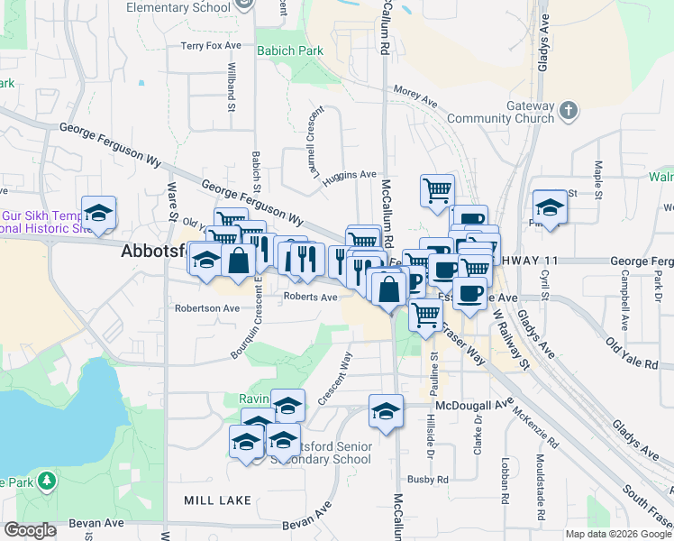 map of restaurants, bars, coffee shops, grocery stores, and more near in Abbotsford