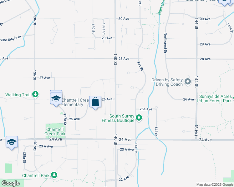 map of restaurants, bars, coffee shops, grocery stores, and more near 2644 140 Street in Surrey