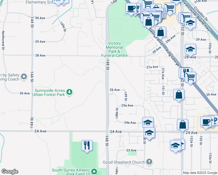 map of restaurants, bars, coffee shops, grocery stores, and more near 14809 26 Avenue in Surrey