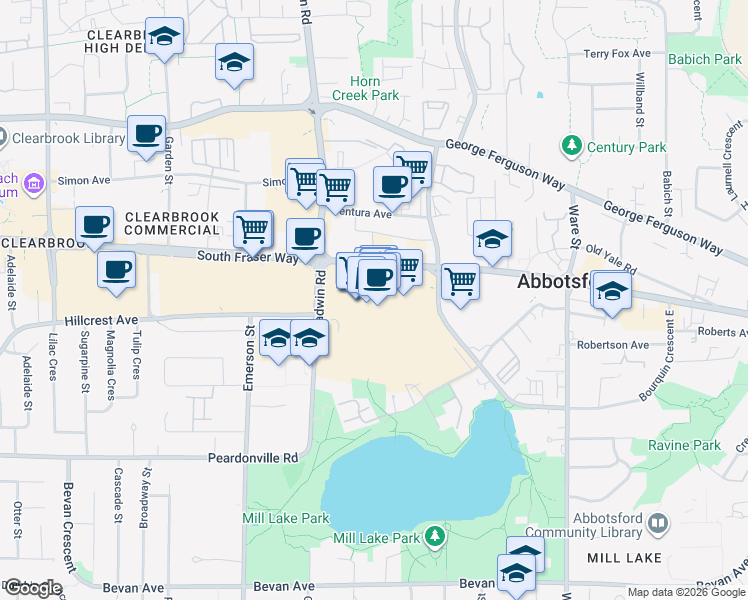 map of restaurants, bars, coffee shops, grocery stores, and more near 32900 South Fraser Way in Abbotsford