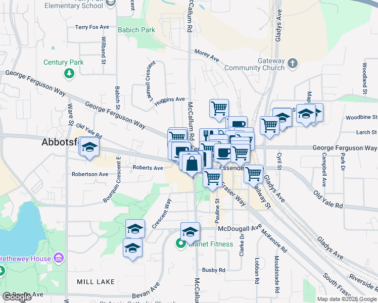 map of restaurants, bars, coffee shops, grocery stores, and more near 33600-33694 George Ferguson Way in Abbotsford