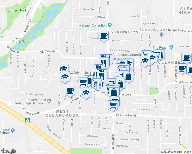 map of restaurants, bars, coffee shops, grocery stores, and more near in Abbotsford