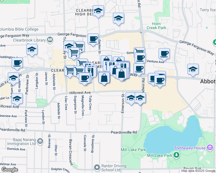 map of restaurants, bars, coffee shops, grocery stores, and more near 32700 South Fraser Way in Abbotsford
