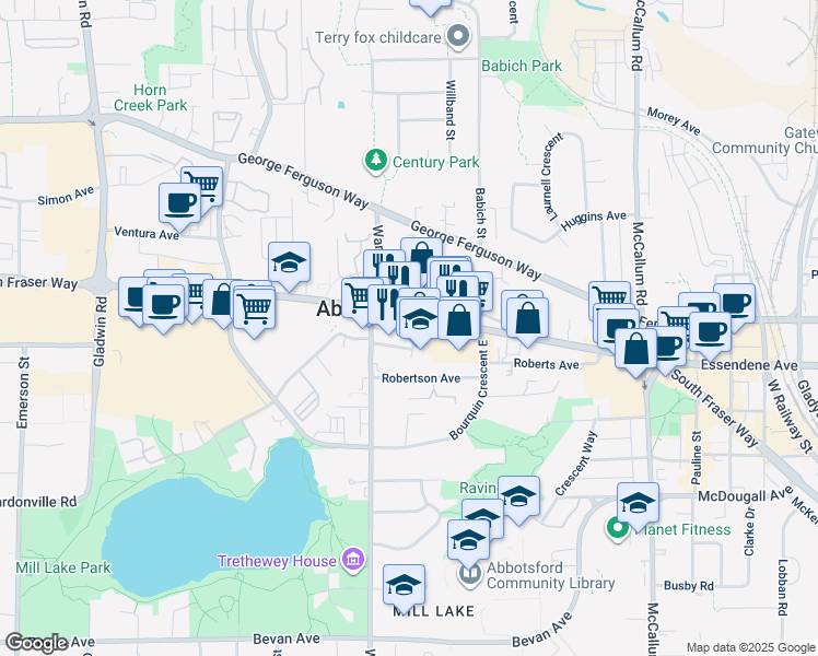 map of restaurants, bars, coffee shops, grocery stores, and more near in Abbotsford