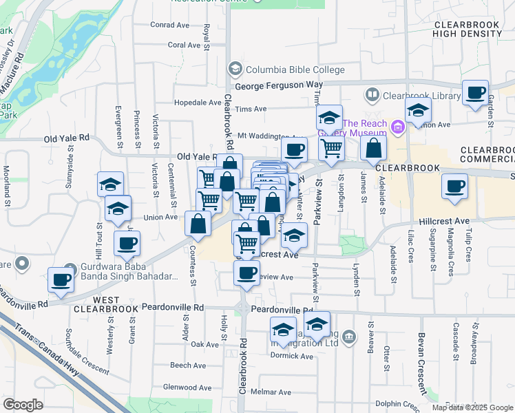 map of restaurants, bars, coffee shops, grocery stores, and more near 4-2629 Cedar Park Place in Abbotsford