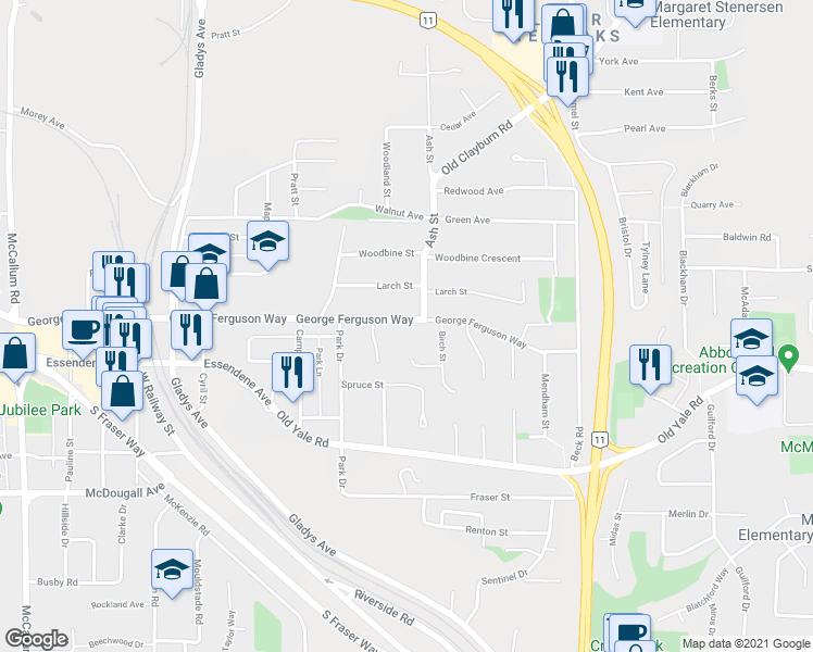 map of restaurants, bars, coffee shops, grocery stores, and more near 34158 George Ferguson Way in Abbotsford