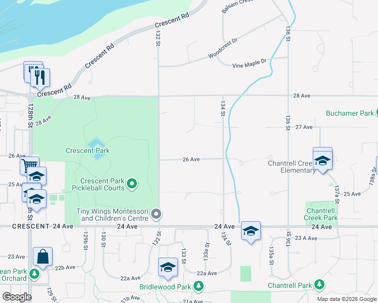 map of restaurants, bars, coffee shops, grocery stores, and more near 13289 26 Avenue in Surrey