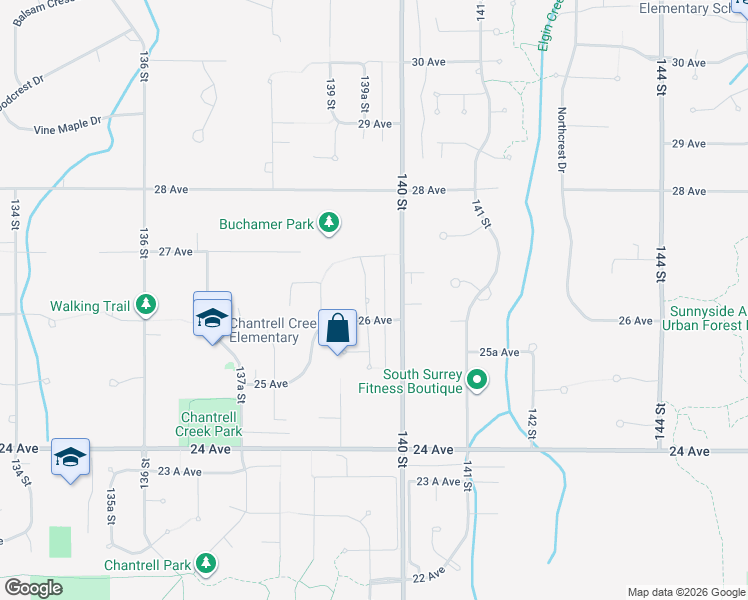 map of restaurants, bars, coffee shops, grocery stores, and more near 2620 139A Street in Surrey