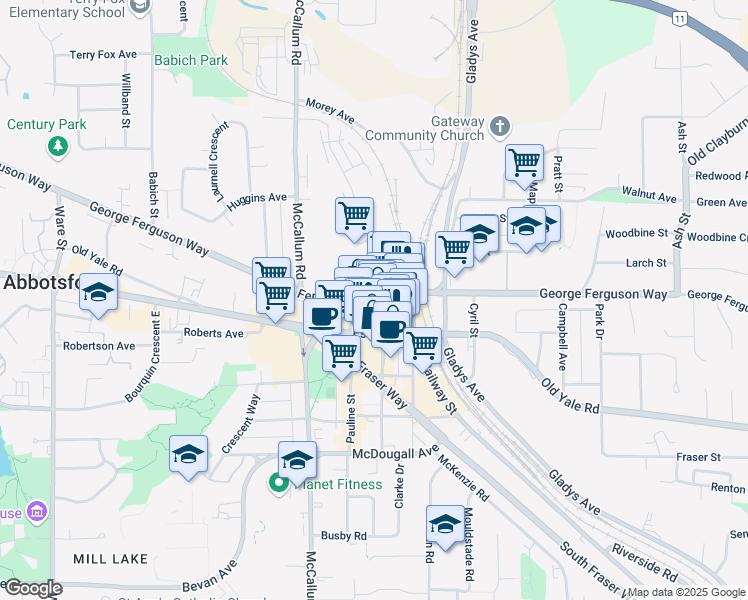 map of restaurants, bars, coffee shops, grocery stores, and more near 2615 Montrose Avenue in Abbotsford