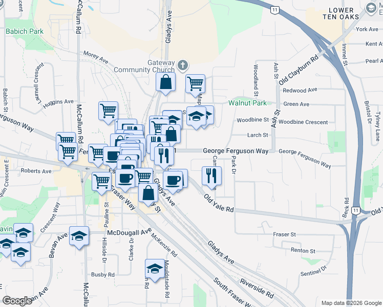 map of restaurants, bars, coffee shops, grocery stores, and more near in Abbotsford