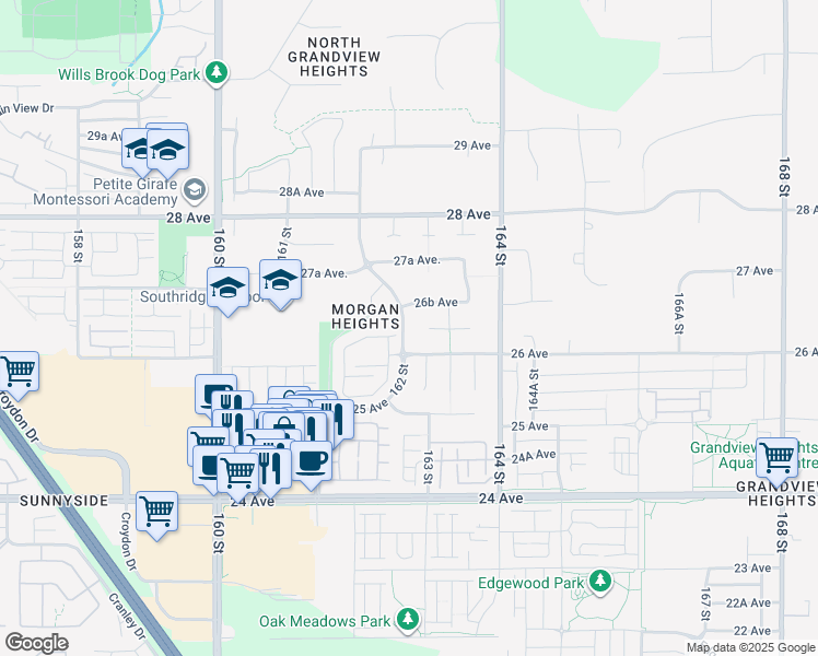 map of restaurants, bars, coffee shops, grocery stores, and more near 2632 162 Street in Surrey