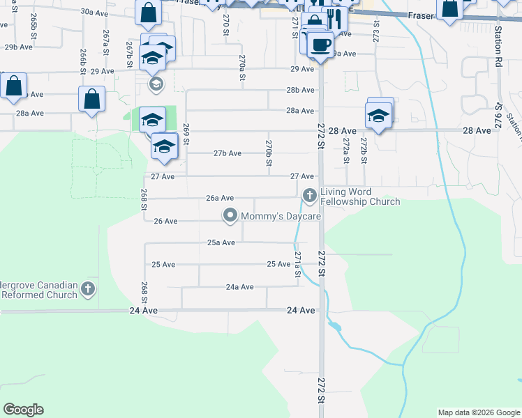map of restaurants, bars, coffee shops, grocery stores, and more near 27013 26 Avenue in Langley Township