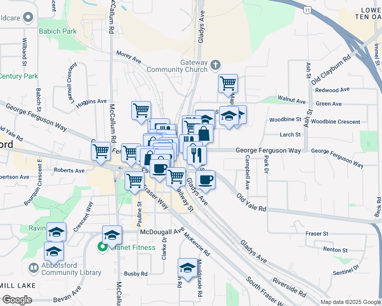 map of restaurants, bars, coffee shops, grocery stores, and more near in Abbotsford