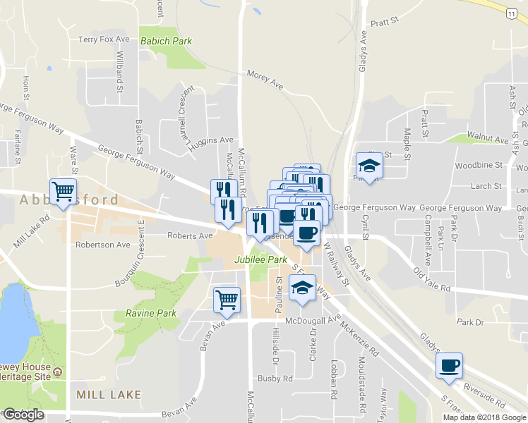 map of restaurants, bars, coffee shops, grocery stores, and more near 33694 George Ferguson Way in Abbotsford
