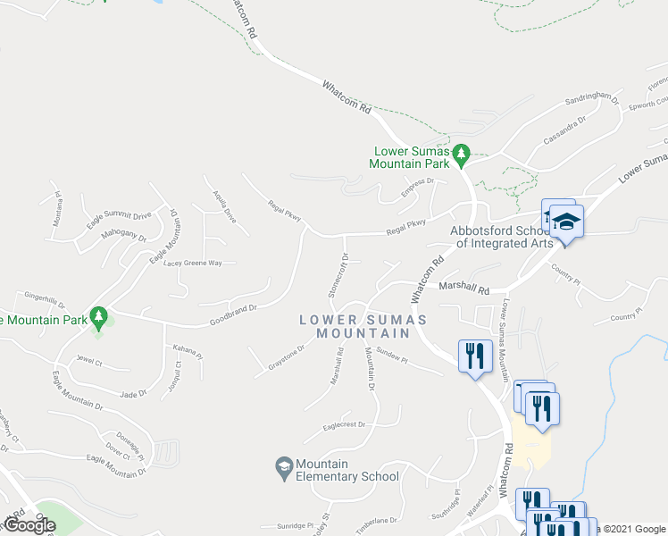 map of restaurants, bars, coffee shops, grocery stores, and more near 2617 Stonecroft Drive in Abbotsford