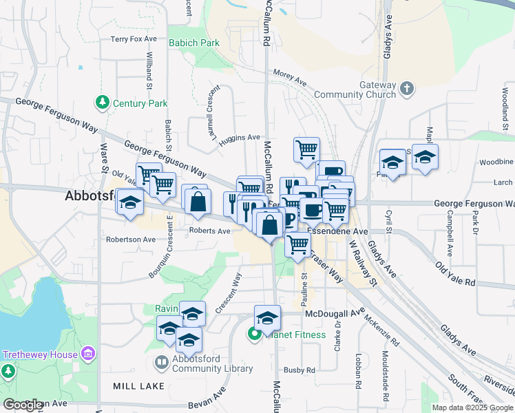 map of restaurants, bars, coffee shops, grocery stores, and more near 33555 South Fraser Way in Abbotsford