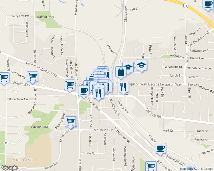 map of restaurants, bars, coffee shops, grocery stores, and more near 33790 George Ferguson Way in Abbotsford