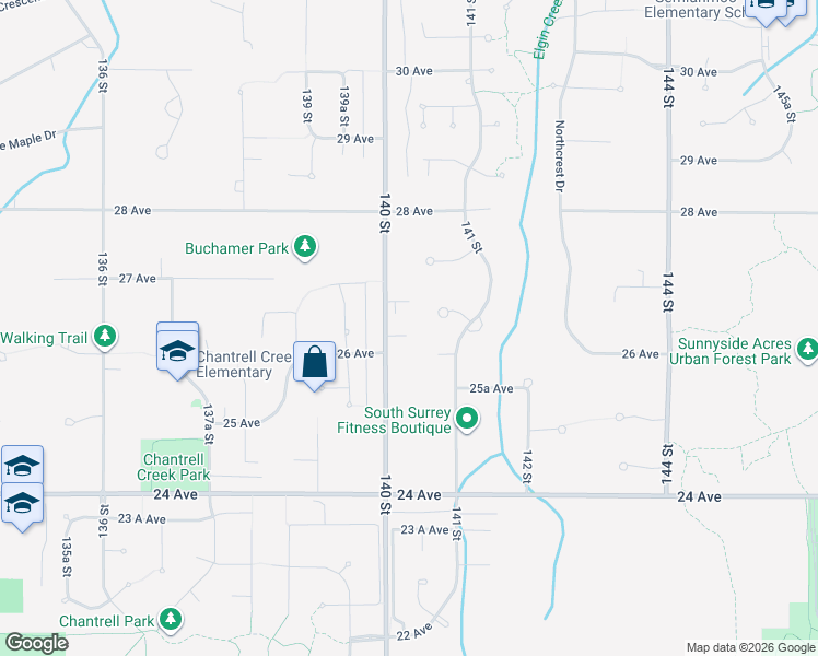 map of restaurants, bars, coffee shops, grocery stores, and more near 2644 140 Street in Surrey