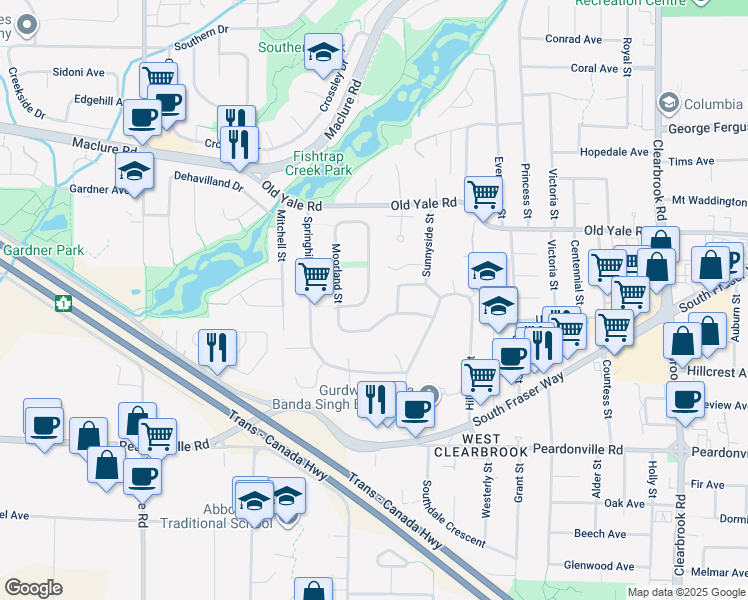 map of restaurants, bars, coffee shops, grocery stores, and more near 2634 Valemont Crescent in Abbotsford