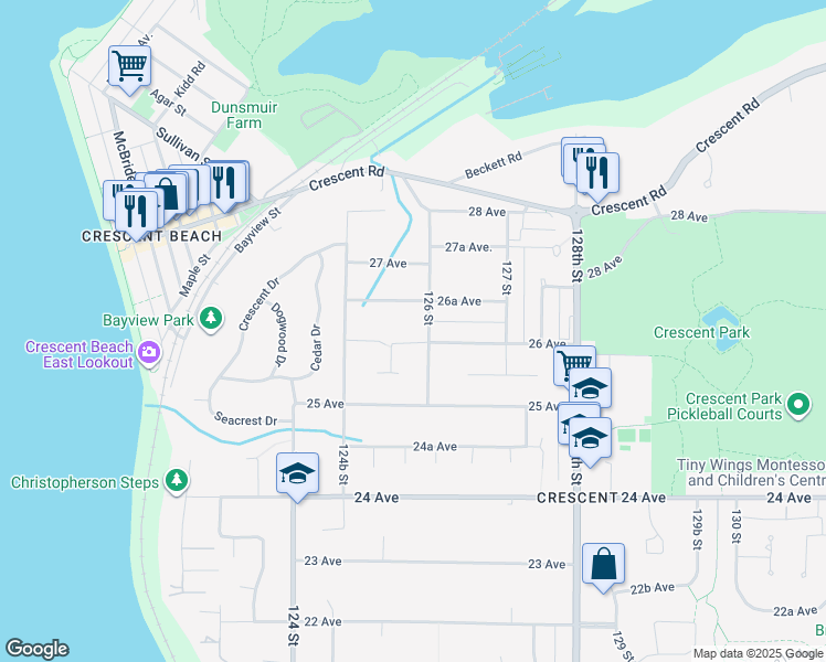 map of restaurants, bars, coffee shops, grocery stores, and more near 12579 26 Avenue in Surrey