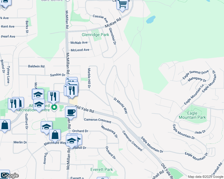 map of restaurants, bars, coffee shops, grocery stores, and more near 2635 Saint Gallen Way in Abbotsford
