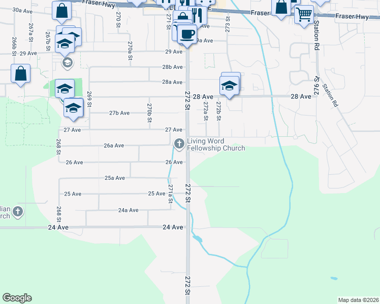 map of restaurants, bars, coffee shops, grocery stores, and more near 2620 272 Street in Langley Township