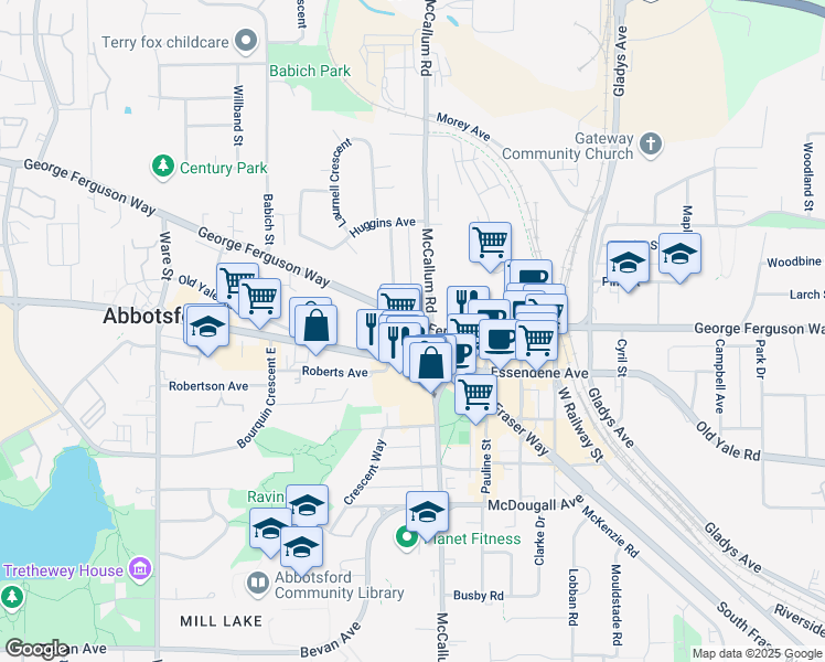 map of restaurants, bars, coffee shops, grocery stores, and more near 33555 South Fraser Way in Abbotsford