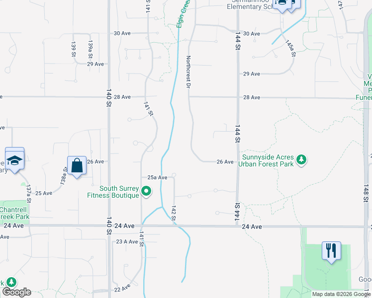 map of restaurants, bars, coffee shops, grocery stores, and more near 2637 Northcrest Drive in Surrey