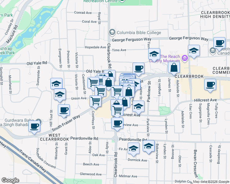 map of restaurants, bars, coffee shops, grocery stores, and more near 32015 South Fraser Way in Abbotsford