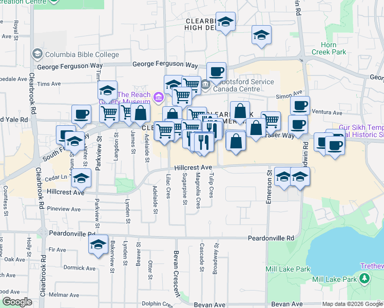 map of restaurants, bars, coffee shops, grocery stores, and more near 32500 South Fraser Way in Abbotsford