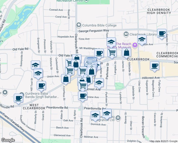 map of restaurants, bars, coffee shops, grocery stores, and more near 4-2629 Cedar Park Place in Abbotsford