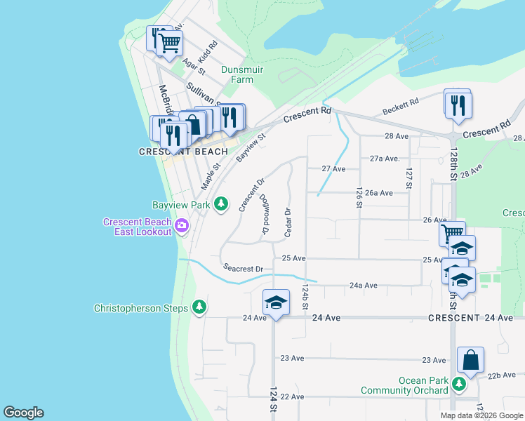 map of restaurants, bars, coffee shops, grocery stores, and more near 2615 Dogwood Drive in Surrey