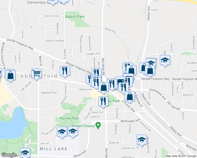 map of restaurants, bars, coffee shops, grocery stores, and more near 33555 South Fraser Way in Abbotsford